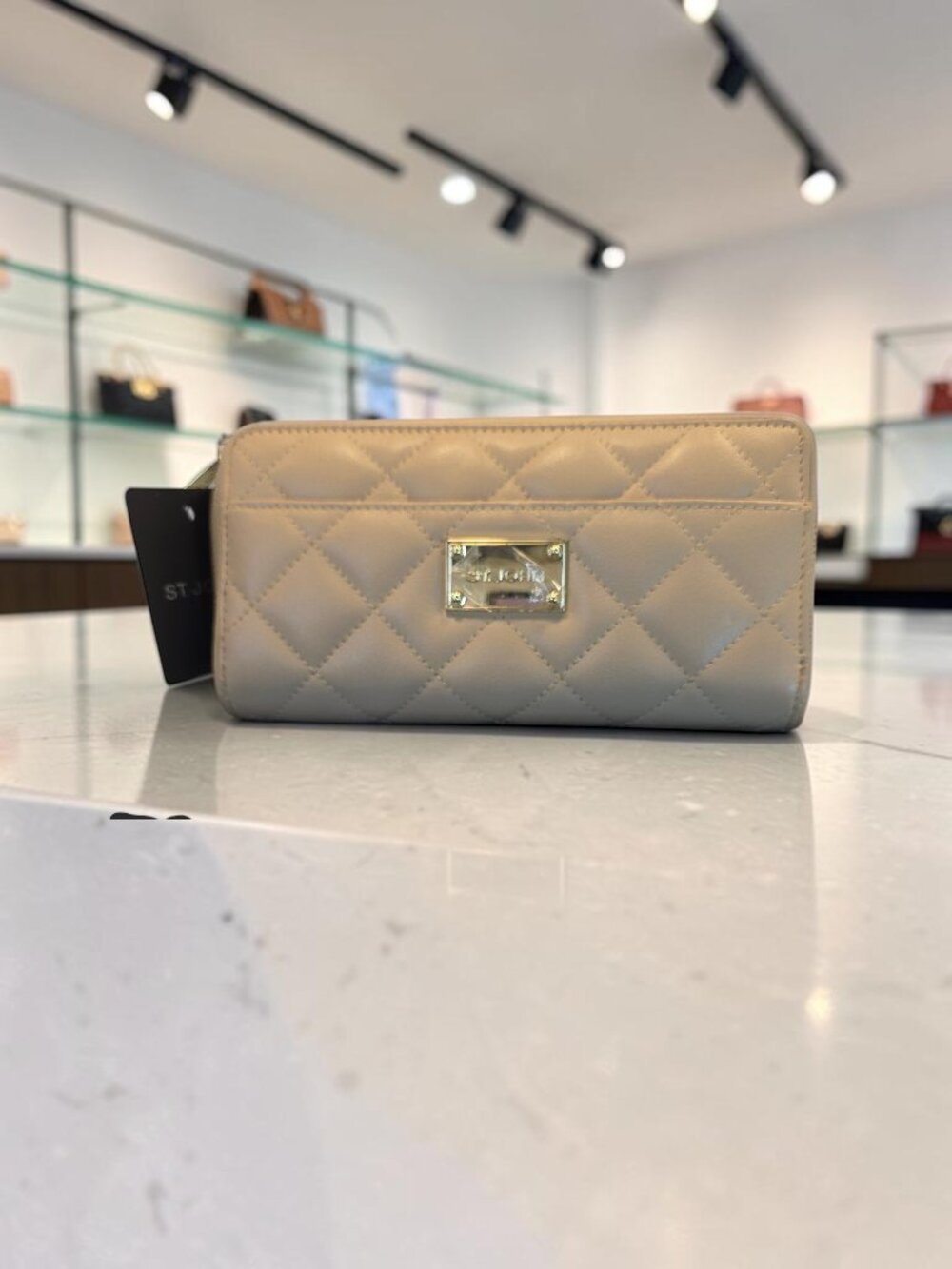 St John Quilted Leather Buff/Tan Long Zipper Wallet in Box  NWT